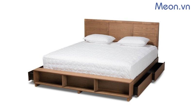 Giường ngủ gỗ có hộc kéo và kệ trang trí