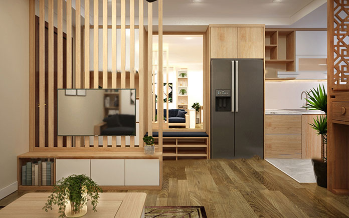 Top 56+ Mẫu vách ngăn phòng khách và bếp đẹp bằng gỗ các loại 2024